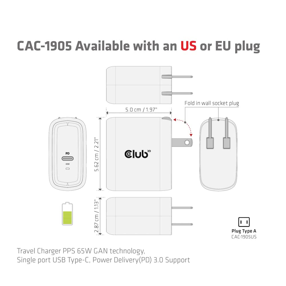 CLUB3D - Caricabatterie da Viaggio PPS 65 W, Tecnologia GAN Singola, USB Tipo C, Power Delivery(PD) 3.0, Supporto CAC-1905EU