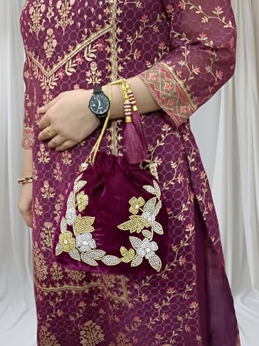 Image of Velvet Potli Bag with Golden & Silver Beaded Flower Embroidery - Handcrafted Ethnic Drawstring Bag for Weddings, Parties & Festive Gifts - Beaded Handle & Tassels for Women