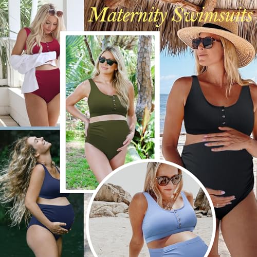 Zando Ribbed High Waist Maternity Swimsuit Two Piece Pregnancy Swimwear Bikini Bathing Suits for Women Maternity Two-Piece Swimsuits for Women with Tank Top & High Waist Bottom Black Medium - Image 7