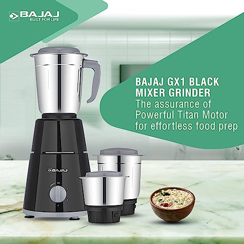 Bajaj GX-1 Mixer Grinder 500W | Superior Mixie For Kitchen | 2-In-1 For Dry Grinding | Blade Function With Titan Motor | 3 Stainless Steel Mixer Jars | 1 Year Product Warranty By Bajaj 【Black】 view 2