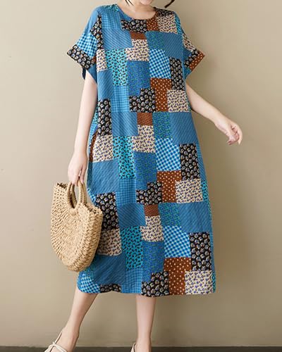 Image of LUZU JUNU Women's Summer Baggy Plus Size Loose Cotton Linen Long Boho Beach Dress with Pockets