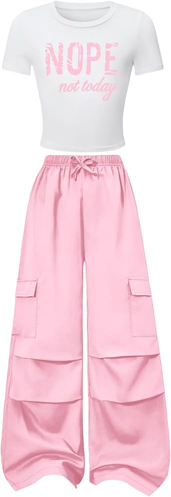 Betusline Girls 2 Piece Outfits Short Sleeve Crop Top & Parachute Cargo Pants Set,4T-14 Years
