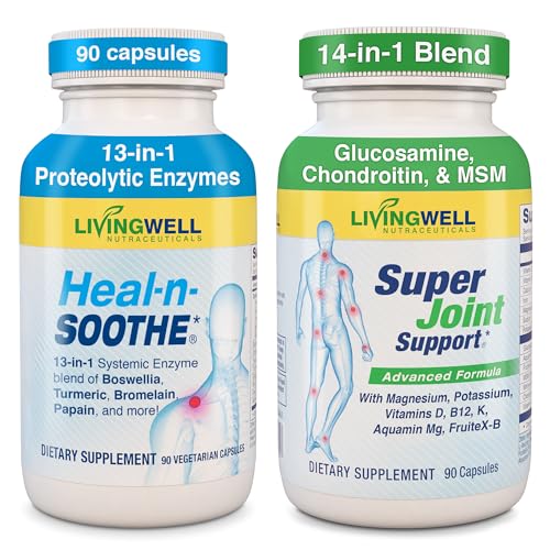 HEAL-N-SOOTHE & Super Joint Support Supplements Bundle- Proteolytic Enzymes (Bromelain & Papain) Glucosamine MSM & Turmeric for Strong Joints Flexibility & Body Wellness 180 Capsules (2 Pack)