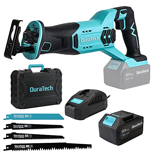 DURATECH Cordless Reciprocating Saw with 20V 4.0Ah Li-Ion Battery, 3000SPM, 7/8' Stroke Length, Variable Speed, Tool-Free Blade Change, 4 Saw Blades for Wood & Metal Cutting