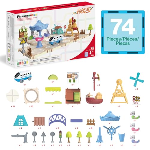 Image of PicassoTiles 74PC Train Track Builder Rotating Reversible Engineering Playset w /Vehicle & Decorative Accessories Car Racetrack Building Block Construction Set Road Game STEM Learning Toy Age 3+ PTR23