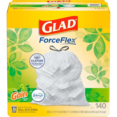 Glad ForceFlex Tall Kitchen Trash Bags, 13 Gallon, Gain Original, 140 Count (Package May Vary)