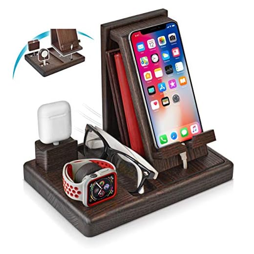 TESLYAR Wood Phone Docking Station Ash-Wood Key Holder Wallet Stand Watch Organizer Men Gift Husband Wife Anniversary Birthday Nightstand Graduation Male Gadgets Compatible with iPhone iWatch AirPods