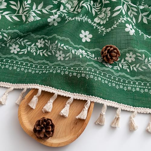 Image of MYSKY HOME Green Boho Linen Blend Curtains 84 inch Length 2 Panels Set for Living Room Dining Room Farmhouse Semi Sheer Floral Printed Vintage Bohemian Drapes with White Tassel Back Tab, 50 inch Wide