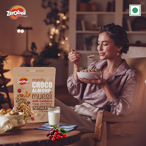 Image of Zerobeli Dark Chocolate Almond Muesli 425g (Pack of 3) Cereals for breakfast rich in Multigrain, protein, fibre Almonds, Pumpkin Seeds and Cranberry|100% Wholegrain | Rich in Antioxidants