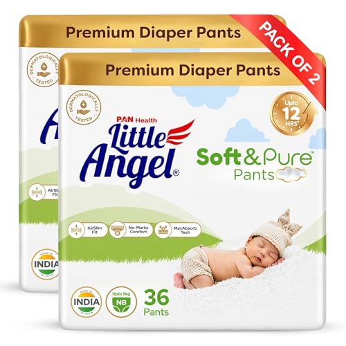 Image of Little Angel Soft & Pure Premium Baby Diaper Pants | New Born (NB /XS) - 72 Count (0-5 Kgs) | With BreathableAir Layers for Rash-Free Comfort, Lightweight AirSlim Fit, No-Marks Soft Waistband, MaxAbsorb Dry Protection & Calendula Extracts for Baby's Soft Delicate Skin