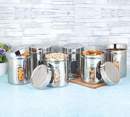Image of NATULIX 2 Kg Stainless Steel Containers for kitchen with See Through Window | Kitchen Containers Set | Silver | Mirror Finish (2500ml - 6pcs) Food Grains Capacity - 2kg Approx