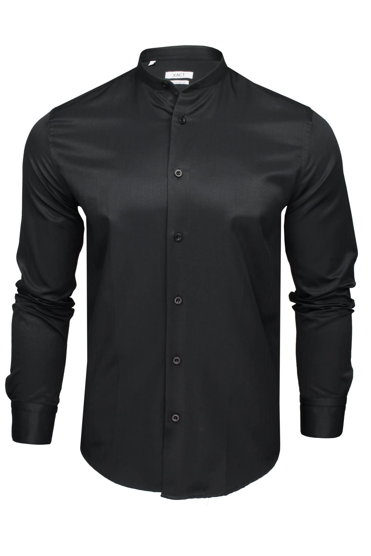 Xact Men's Black Herringbone Grandad/Band Collar Shirt, Long Sleeved, Regular Fit (Black) M