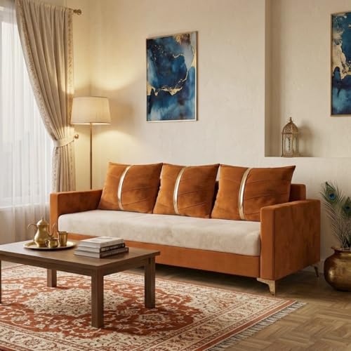Image of Caviar Plush Comfort Sofa Set | 3 Seater | Luxury Velvet Suede Fabric | Modern Living Room Sofa | Orange