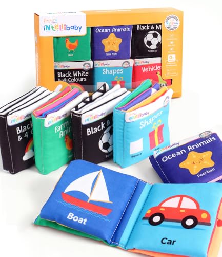 Image of Intellibaby 6-Book Set-Soft Sensory Cloth Books for Babies,Crinkle Sound&Washable,Early Learning Themes- Shapes, Vehicles & Animals,Black & White Patterns for Visual Growth,Non-Toxic,Gift for 0+Months