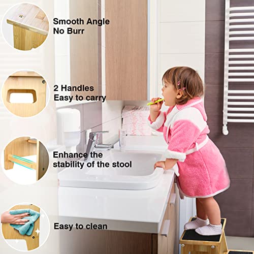 Kids Step Stools For Toddlers Bathroom Bamboo Wood Toddler Stepping Stool Kitchen Counter Sink Baby 2 Step Stool Foot Bed Stool For Adults Child Potty Training Toilet Stool, Natural Upgrade With Pads #TOP2