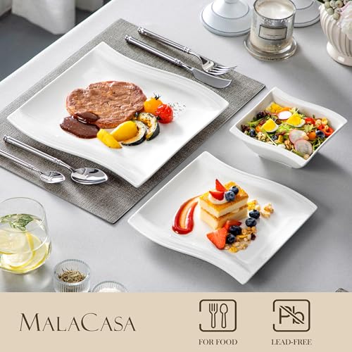 Image of MALACASA Ivory White Dinnerware Sets, 30-Piece Porcelain Plates and Bowls Sets, Modern Dish Set for 6, Square Plates Dinnerware Set Kitchen Dishware Sets, Microwave and Dishwasher Safe, Series Flora