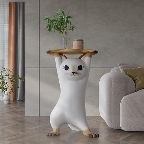 Petmoon キャットデザインサイドテーブル サイドテーブル ベッドサイドテーブル ネコ型 トレー おしゃれ 北欧 小物置き 収納 鍵置き 玄関 台 ソファ ベッド ねこ 猫 大型 動物 インテリア雑貨 プレゼント トレー取り外し可能 かわいい (ブラウン, 高さ62cm) [2]