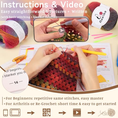 Image of Aeelike Beginner Crochet Kit for Blanket, Ombre Rainbow Blanket, Complete Starter Crochet Kit w Enough & Warm Wool Yarn, Videos Tutorials, Easy Knitting Kits for Adults