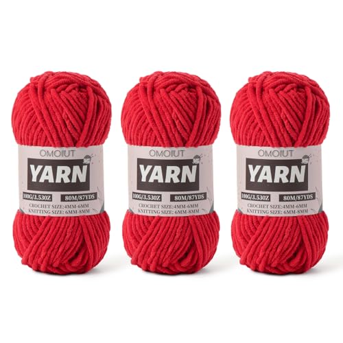 Image of Fluffy Chenille Yarn for Crocheting - Baby Yarn for Crocheting Soft Blanket - 3 Pack of 100g /(87.4yds) Crochet Amigurumi Chunky Yarns - Super Bulky 5 Velvet Yarns (3 red)