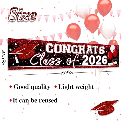 Image of Large Congrats Class of 2026 Banner Red Backdrop Graduation 2026 Yard Sign for Graduation Party Supplies Graduation Decorations 2026(Red)
