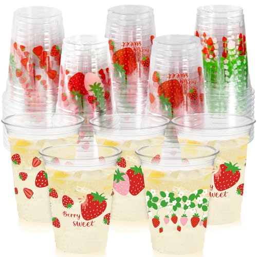 CUPLOOV 50Pcs Strawberry Party Decoration Cups 12 OZ Disposable Plastic Strawberry Cups for Berry First Birthday Party Decor Supplies