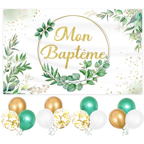 Mon Baptême Bannière Décoration 180 x 110 cm, 12 Ballons et Bannière Banderole pour Baptême Garçon/Fille