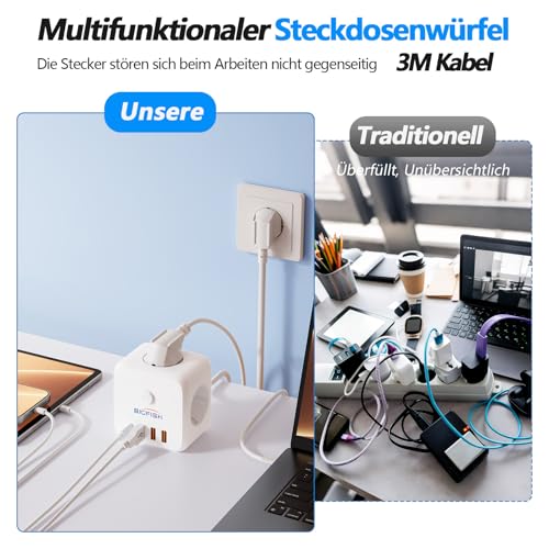 Bigfish 3 Fach Steckdosenleiste mit USB C, Mehrfachsteckdose mit 4 USB, Steckdosenwürfel mit 3 Meter Kabel, Mehrfachstecker mit Schalter für Büro & Zuhause