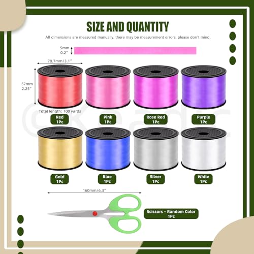 Keadic 9 Pack 8 Farbe Curling Ribbon Sortiment Set mit Cutter, 800 Yards Laser Ballon String Geschenkverpackung Curly Ribbon (Weiß, Gold, Rosa, Silber, Blau, Rot, Rosenrot, Lila)