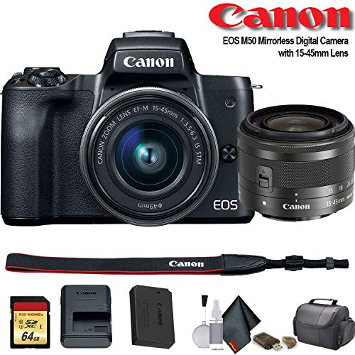 Canon EOS M50 Mirrorless Vlogging Digital Camera with 15-45mm Lens + Camera Bag + 64GB Memory Card + Cleaing Set + More (International Model) (2680C011) - Starter Bundle