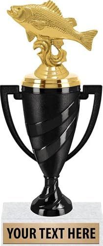 Crown Awards 8.75" Black Swirl Cup Trophy with Perch Figure, Fish Award Trophies with Personalized Engraving