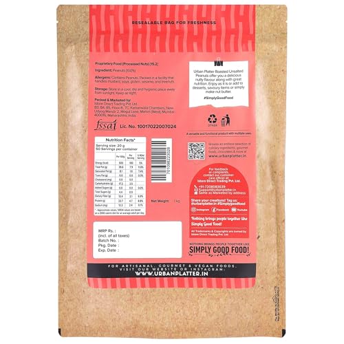 Image of Urban Platter Roasted Unsalted Peanuts, 1kg (Skin Removed | Vacuum Packed | Product of Bharuch)
