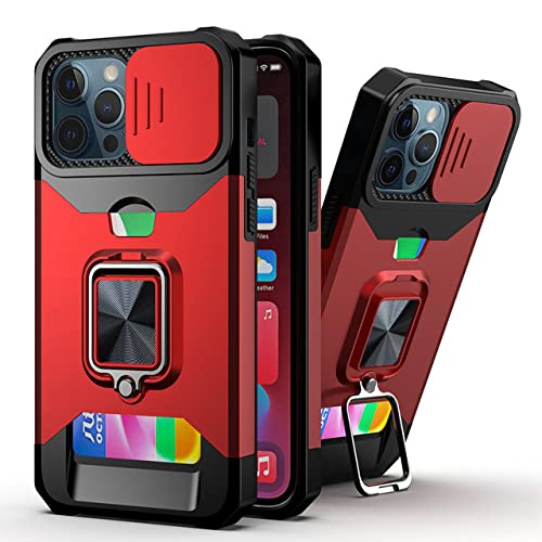 Coque iPhone 12 rouge avec protège-objectif push-pull et porte-carte intégré