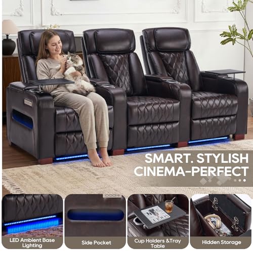 Image of Luxury Home Theater Seating - Power Recliner with Adjustable Headrests, Blue LED Ambient Lighting, Tray Table, USB & Type-C Charging (Dark Brown,3 Seat)