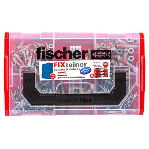 fischer 547166 Fixtainer Duopower Drilling and Dowels, Dowel Box with 306 Pieces, Including Dowels, Screws, Ruler, Bottle Opener, Spirit Level, Practical Tool Box with Carry Handle and Click System