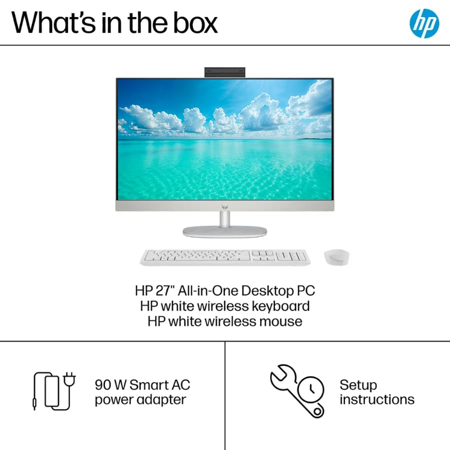 Image of HP 27 inch FHD Touchscreen All-in-One, 12-core Intel Core Ultra 7 155U, 32GB DDR5 RAM 1TB SSD, Windows 11 Pro, Wireless Keyboard & Mouse with PLUSERA 8-in-1 Hub Included, White
