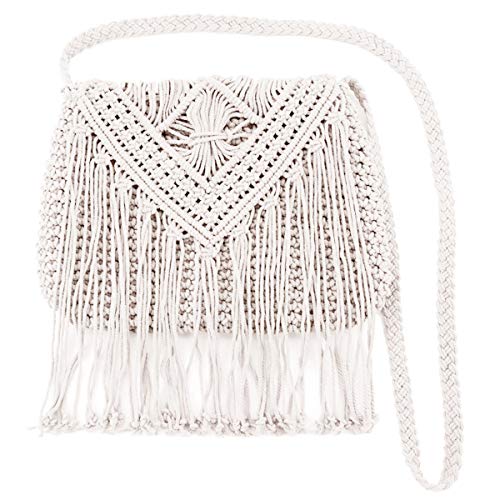 Van Caro Handwoven Cotton Straw Shoulder Bag Crochet Tassel Beach Bohemian Purse for Women