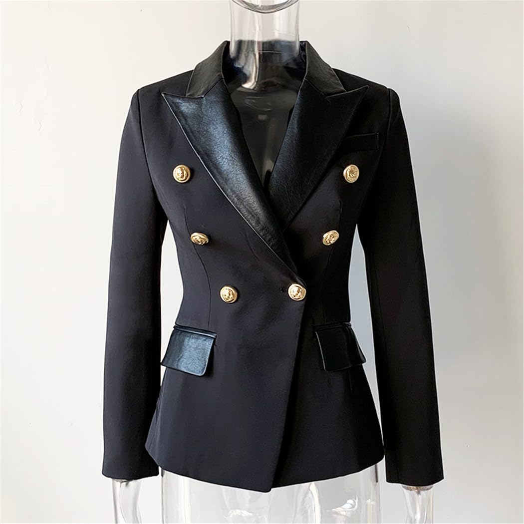 FULBHPRINT Primavera Otoño Europeo PU Cuero Cuello Delgado Negro Blazer OL Formal Clásico Trabajo Blazers