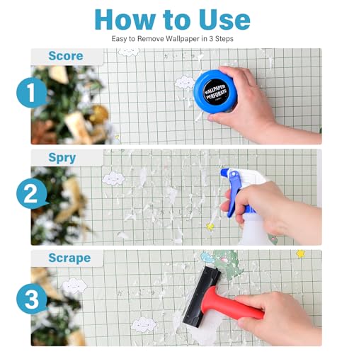 Image of Wallpaper Remove Tool Set With Perforating Scoring Tool,Spray Bottle,4 inch Razor Blade Scraper Sticker Remover to Peel Contact Paper Vinyl Backsplash Window Film Wallpaper Adhesive