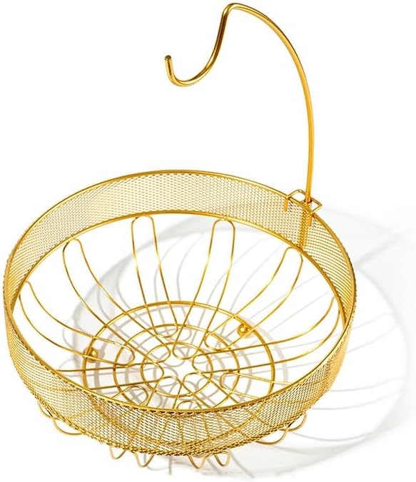 LANDTOM Cesta de frutas con gancho lateral de malla de alambre desmontable dorada, cesta de frutas de alta calidad con asa, estante para aperitivos,