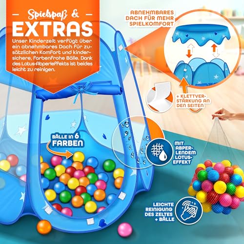 KIDUKU® Kinderspielzelt + 100 Bälle + Tasche Spielhaus Bällebad Schloss für drinnen und draußen (Blau)