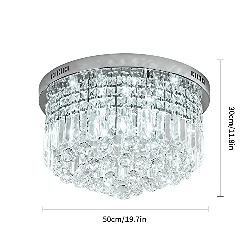 Image of Flush Mount Ceiling Light Fixture for Bedroom, 20-in Wide Dimmable Crystal Chandelier, Chrome Finish, Video Availablle for Easy Installation