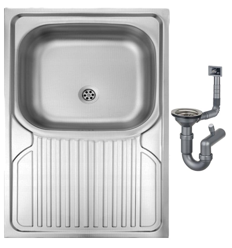 DomoDomo - Lavello Cucina in Acciaio Inox 80x60 cm – Lavello da Incasso 1 Vasca con Gocciolatoio, Lavello senza Foro Rubinetto, Lavello da Appoggio con Sifone e Kit di Montaggio, Satinato