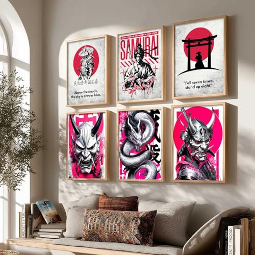 Image of HOTHOUSE Aesthetic Samurai Theme Devil Masks Wall Framed Posters | Japanese Devil Masks Framed Poster for Living Room Bedroom Gaming Room Studio Wall Decor Set Of 6 (13X17 inch)