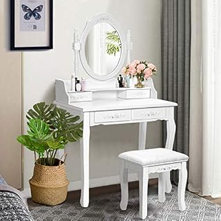 Giantex Vanity Table Set with Oval Mirror and 4 Drawers, Wood Makeup Dressing