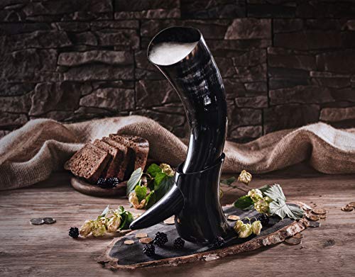 Norse Tradesman Genuine 20" Ox-Horn Viking Drinking Horn With Horn Stand & Brass Wolf Adornments | Burlap Gift Sack Included | "The Fenrir", Polished, 20-Inch