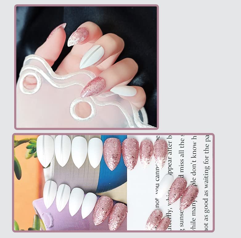 Image of Secret Lives acrylic press on nails designer artifical nails extension almond shape with pink glitter and white color with silver line color 24 pieces set with glue sheet
