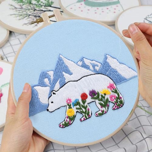 Image of Louise Maelys Glacial Polar Bear and Flowers Embroidery Kit DIY Craft | Pre-Printed Fabric, Hoop, Threads, Needles & Guide for DIY Needlepoint Kit and Cross Stitch Starter Kit for Adults