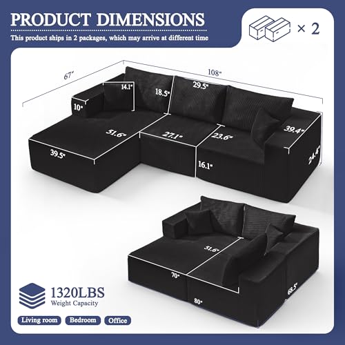 Image of Modular Sectional Sofa for Living Room, 108 inch Cloud Couch Sectional with L-Shape Chaise, Modern Upholstered Corduroy Boneless Couch with Memory Foam Deep Seat, No Assembly Required (Black)