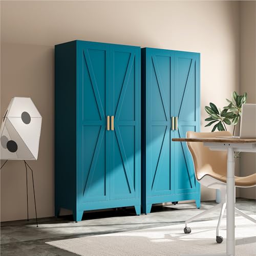 Image of Metal Broom Closet Cabinet, Utility Storage Cabinet with 4 Shelves, Farmhouse Metal Closet with Doors, 71 inch Tall Storage Cabinets with Hanging Rod and Clothing Shelf for Hallway Laundry Mudroom
