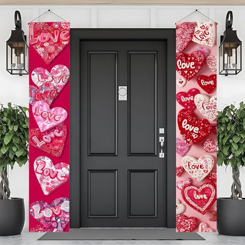 Image of Sweet Heart Front Door Banner 11.81x70.87 Inch, Pink Red Doodle Love Porch Sign for Mother's Day, Romantic Hanging Flag Welcome Outdoor Wall Decor, Weatherproof Fabric Decoration